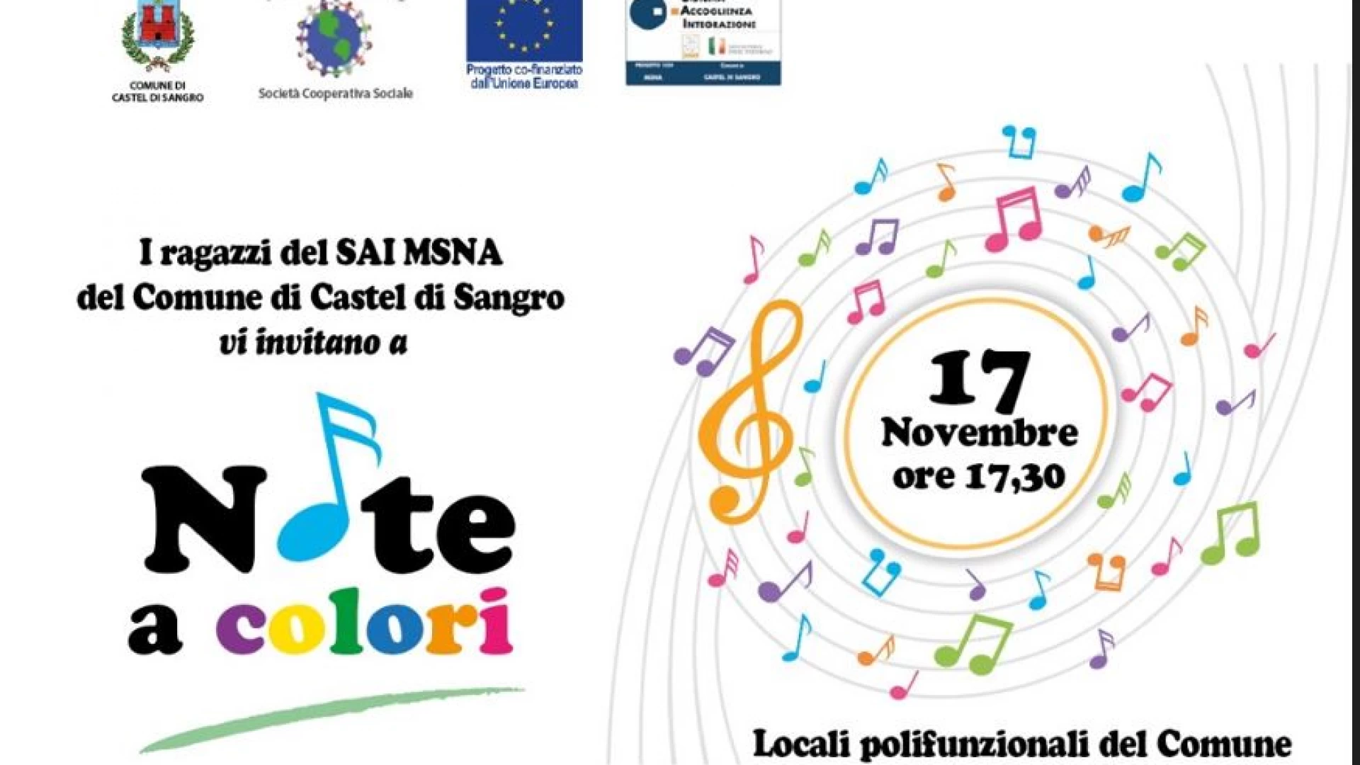 Castel Di Sangro: giovedì 17 novembre l’evento “Note a Colori” presso il centro Polifunzionale.